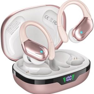 Wireless Earbuds, Sports Bluetooth Headphones, 80Hrs Playtime Ear Buds with LED Power Display, Noise Canceling Headset, IPX7 Waterproof Earphones for Workout/Running (Rose Gold)